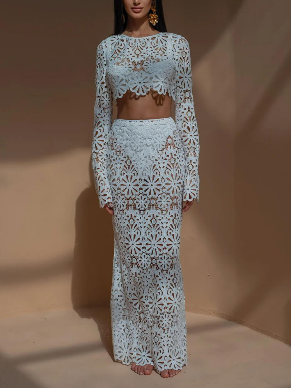 Elegant Slim Cutout Spets Top + Half-body kjol Tvådelad Set