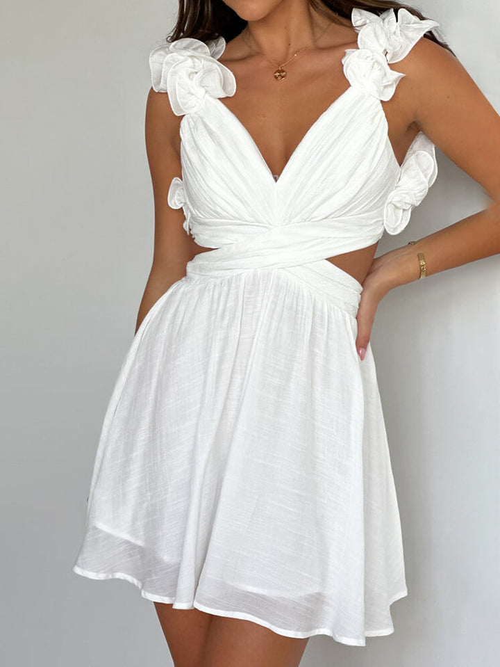 여름 솔리드 컬러 오픈 백 플리츠 미니 드레스