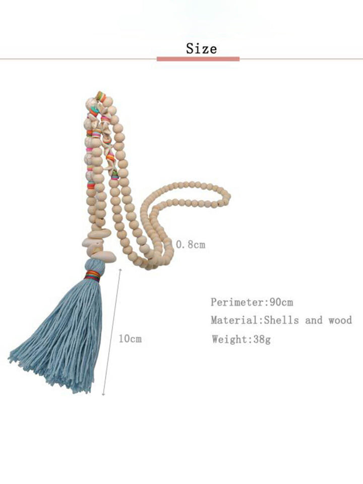 Handmade Wooden Beads Tassel and Peace Charm Pendant Long Necklace