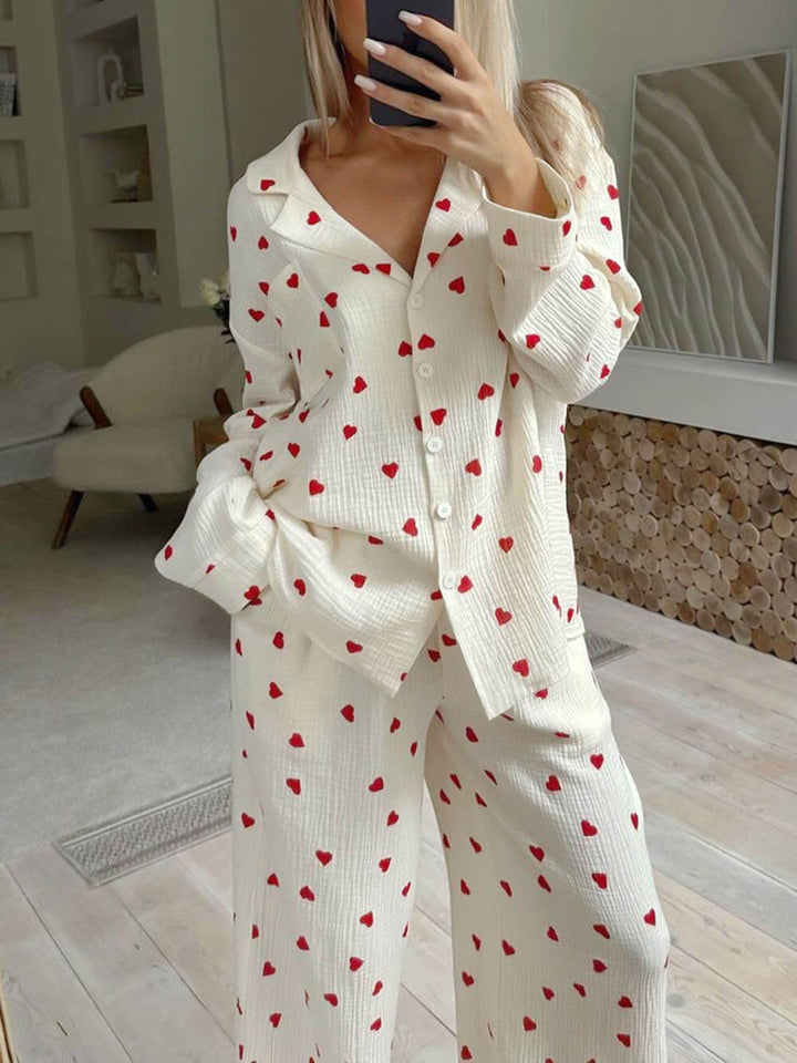 Cute Heart Print Button Down Shirt Pyjamassæt