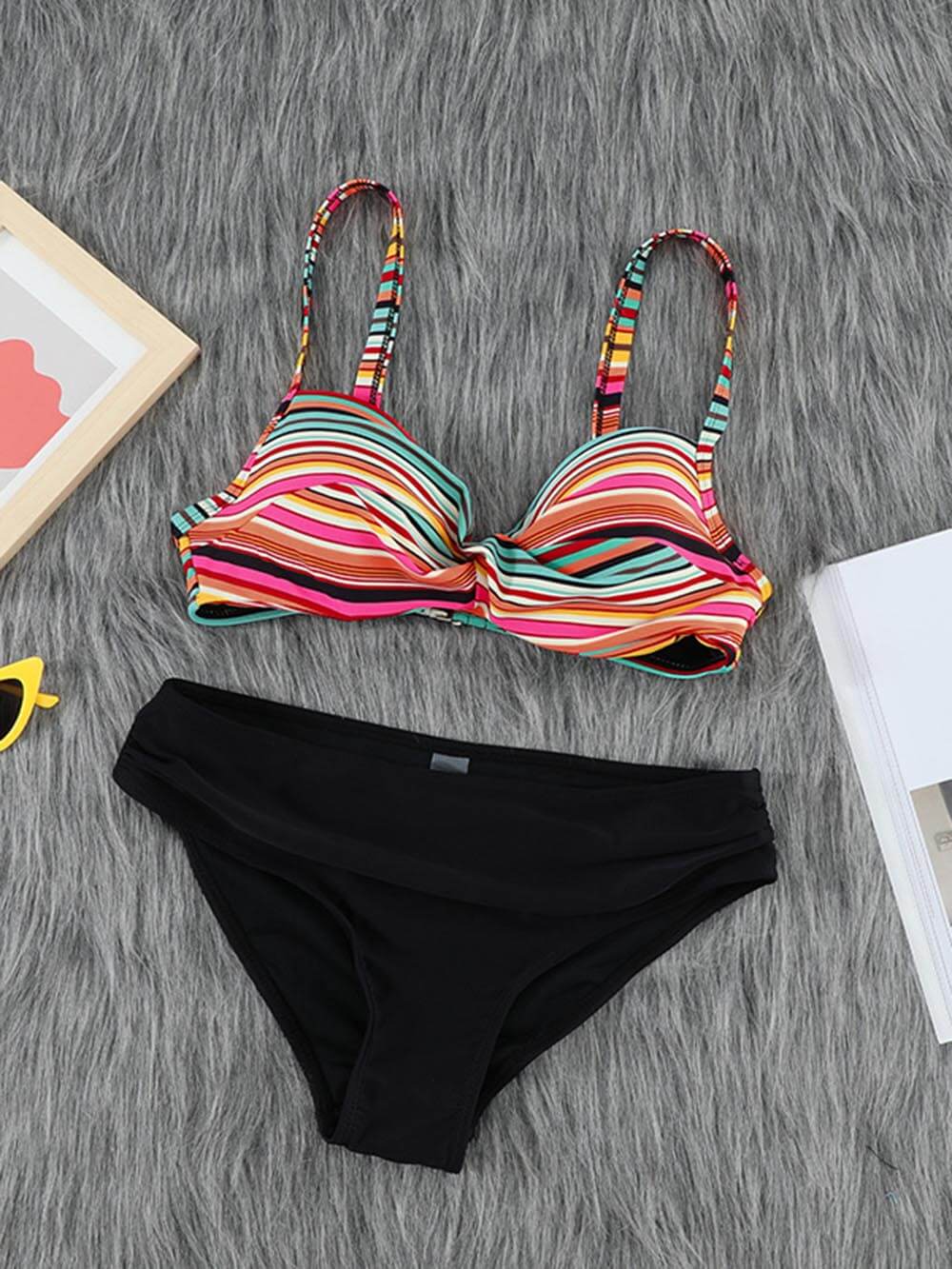 Push-up kleurrijke gestreepte bikini tweedelige set met luipaardprint