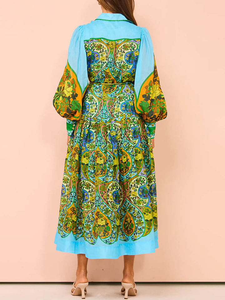 فستان كارديجان بطباعة عرقية وأكمام طويلة وطية صدر السترة