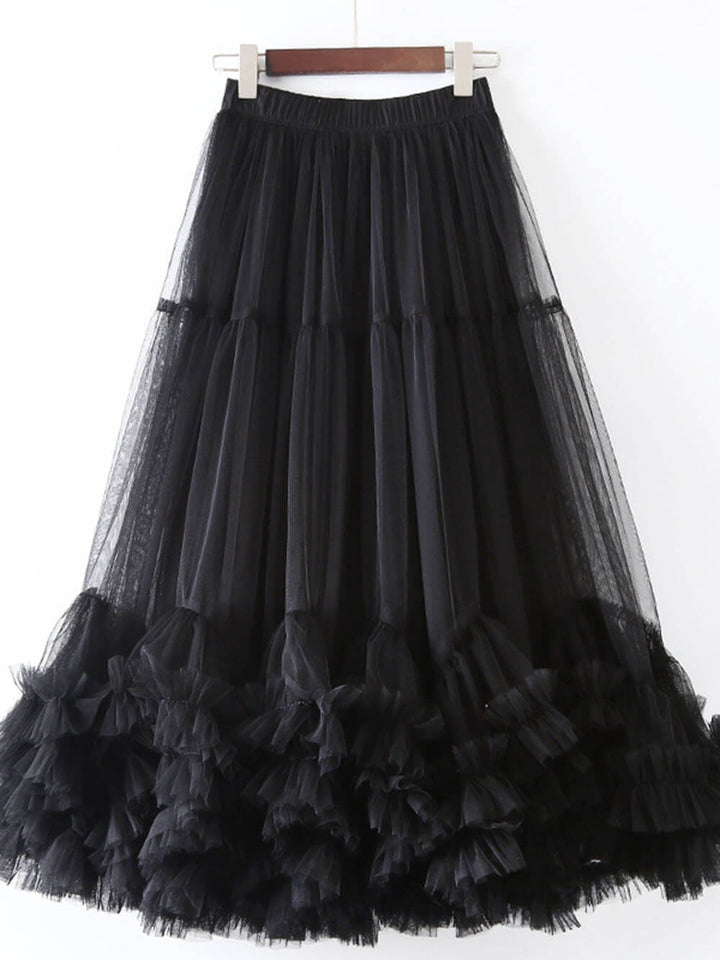 Elegantní tylová, strečová, plisovaná maxi sukně v pase