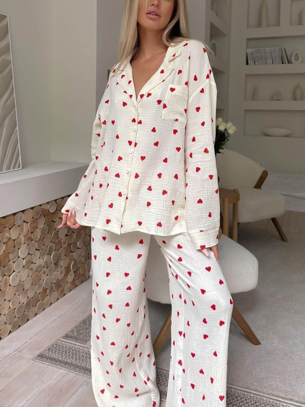 Cute Heart Print Button Down Shirt Pajama Sets