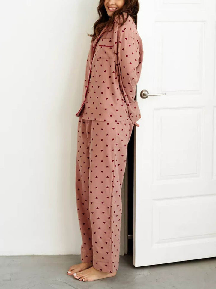 Set de pijamale franțuzești cu revere cu model de inimă