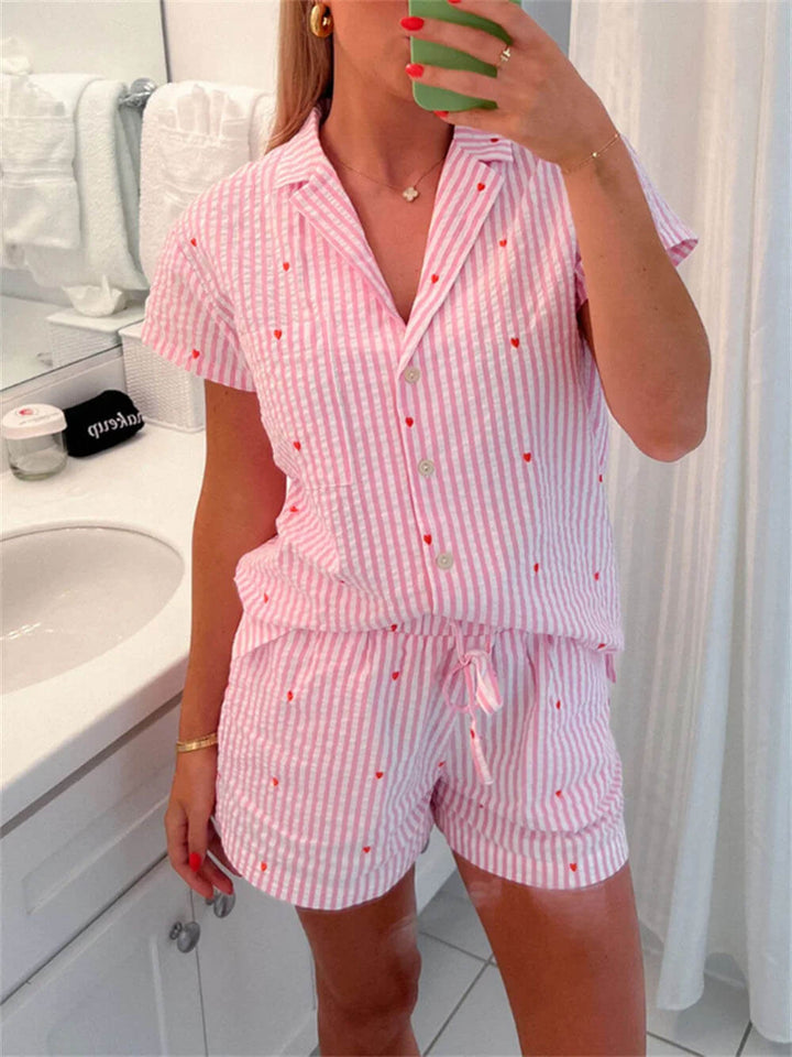 Homewear Cute Love Striped Print Shirt Drawstring Lace up Shorts Sets