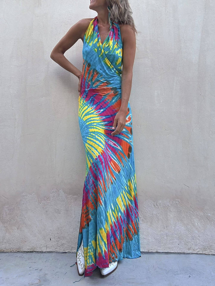 Tie-Dye Print Halter Backless Stretch Maxi Dress