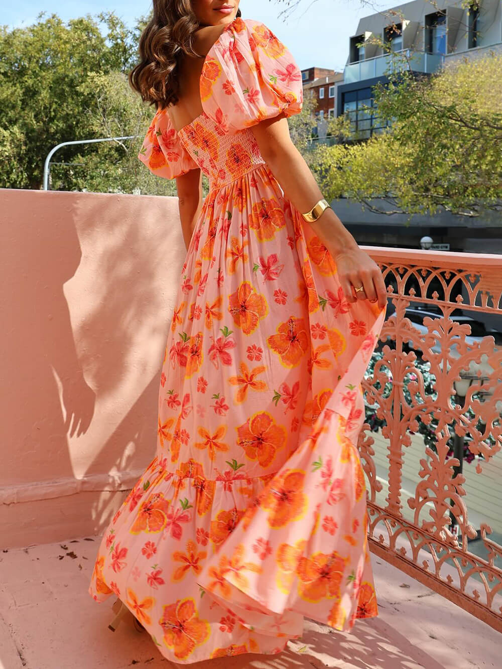 Floral Print Puff Sleeve Back Smocked Pocket Maxi Dress