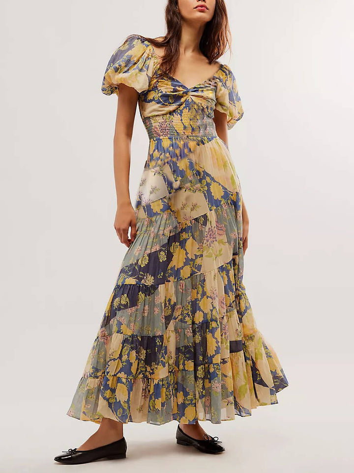 Πανέμορφο μάξι κοντομάνικο φόρεμα με πλισέ από τον ήλιο