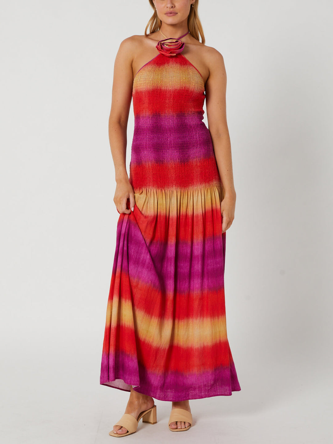 Halterneck Floral Rainbow Ombre Pleated Maxi Dress
