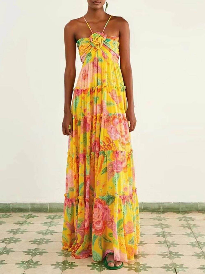 Hanging Neck Printed Floral Design Backless Straight Maxi Dress