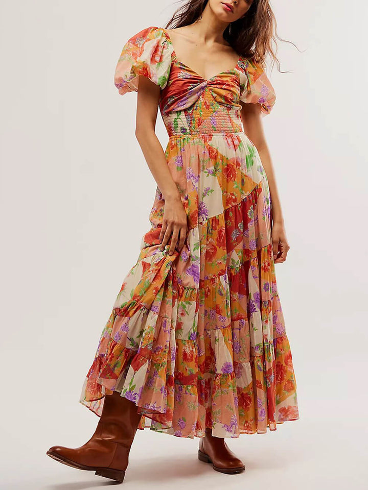 Πανέμορφο μάξι κοντομάνικο φόρεμα με πλισέ από τον ήλιο