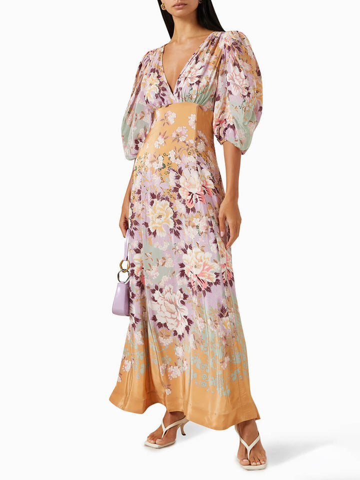 Lantern Sleeve Floral Print Crepe De Chine Maxi Dress