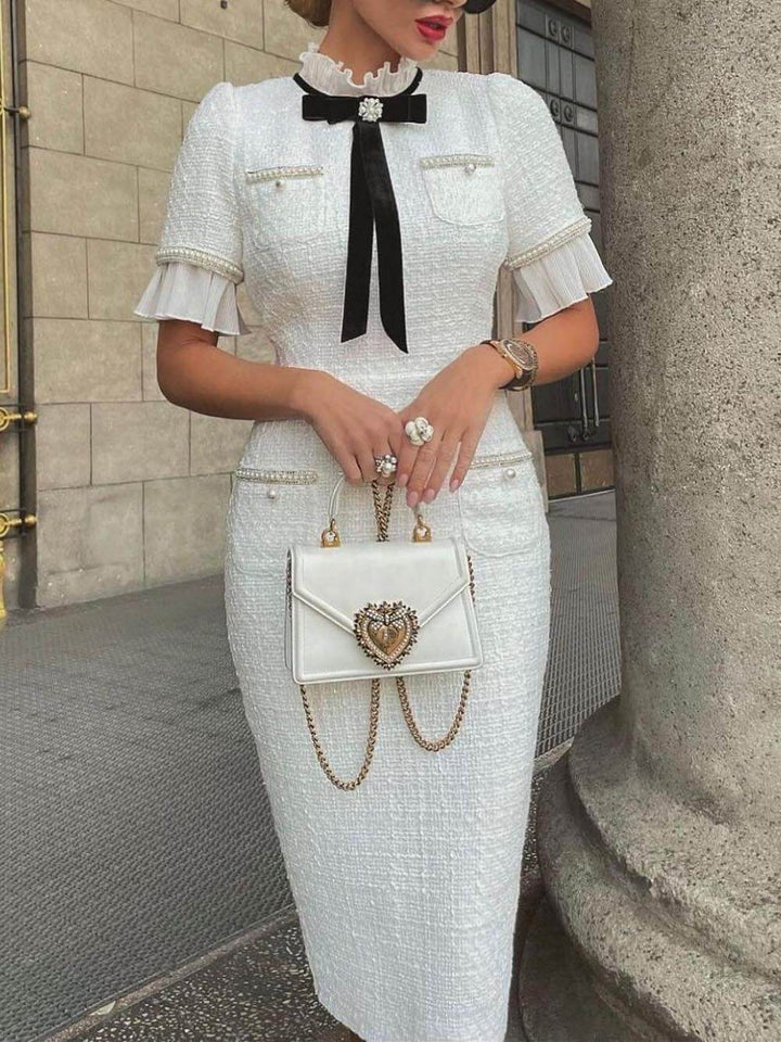 Rochie midi formală cu design cu fundă cu finisaj perlat din tweed