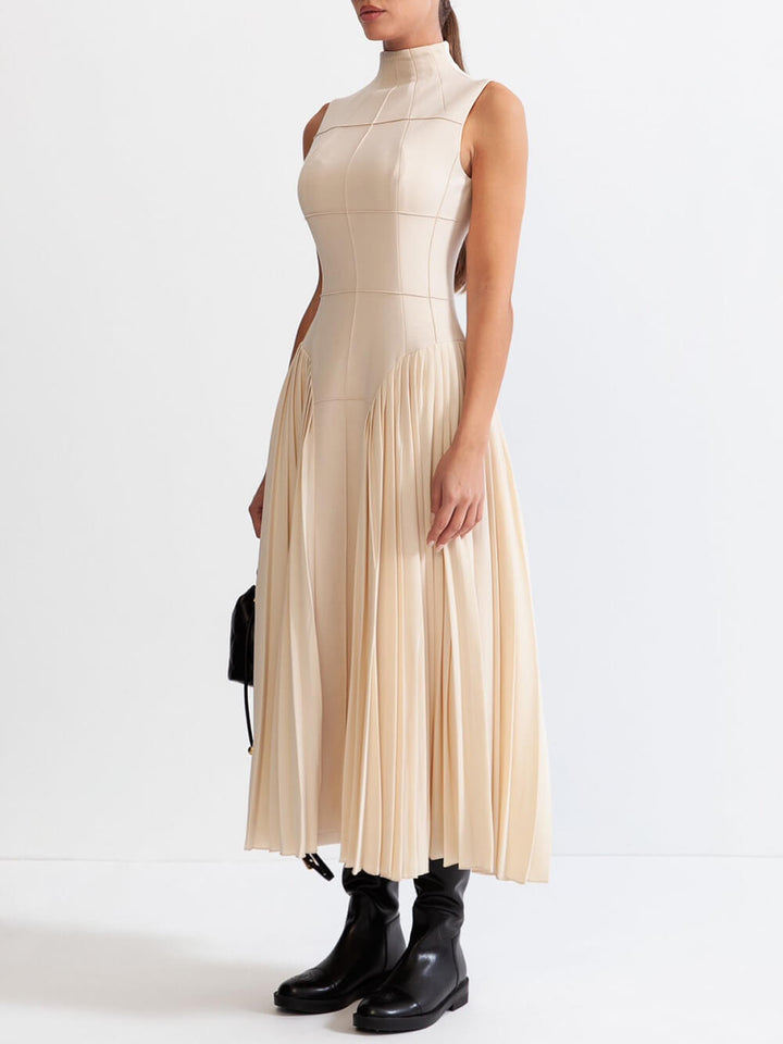Unique Pleated Paneled Sleeveless Midi Dress