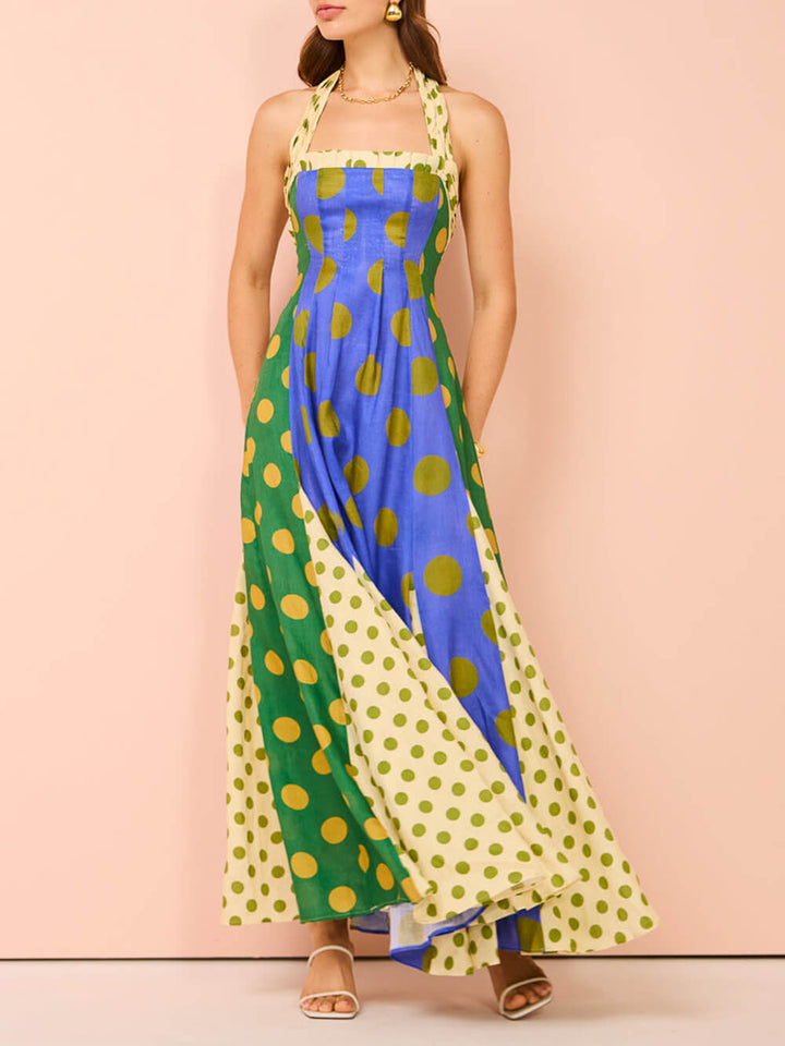 Ethnic Feature Polka Dots Halter Midi Dress