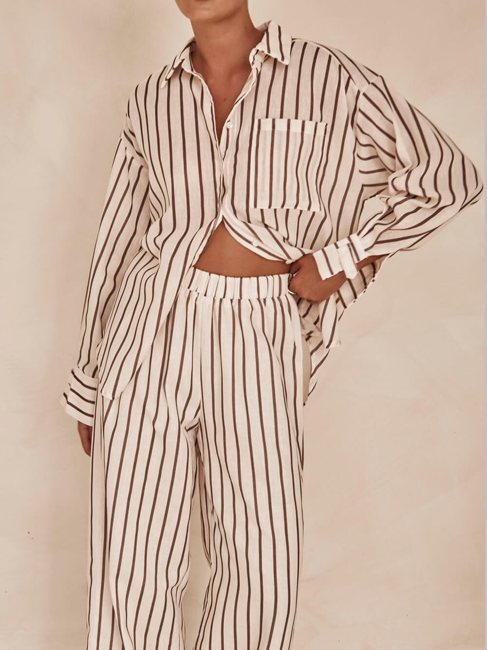 Loose Casual Striped Patchwork Shirt And Wide-Leg Pants Suit