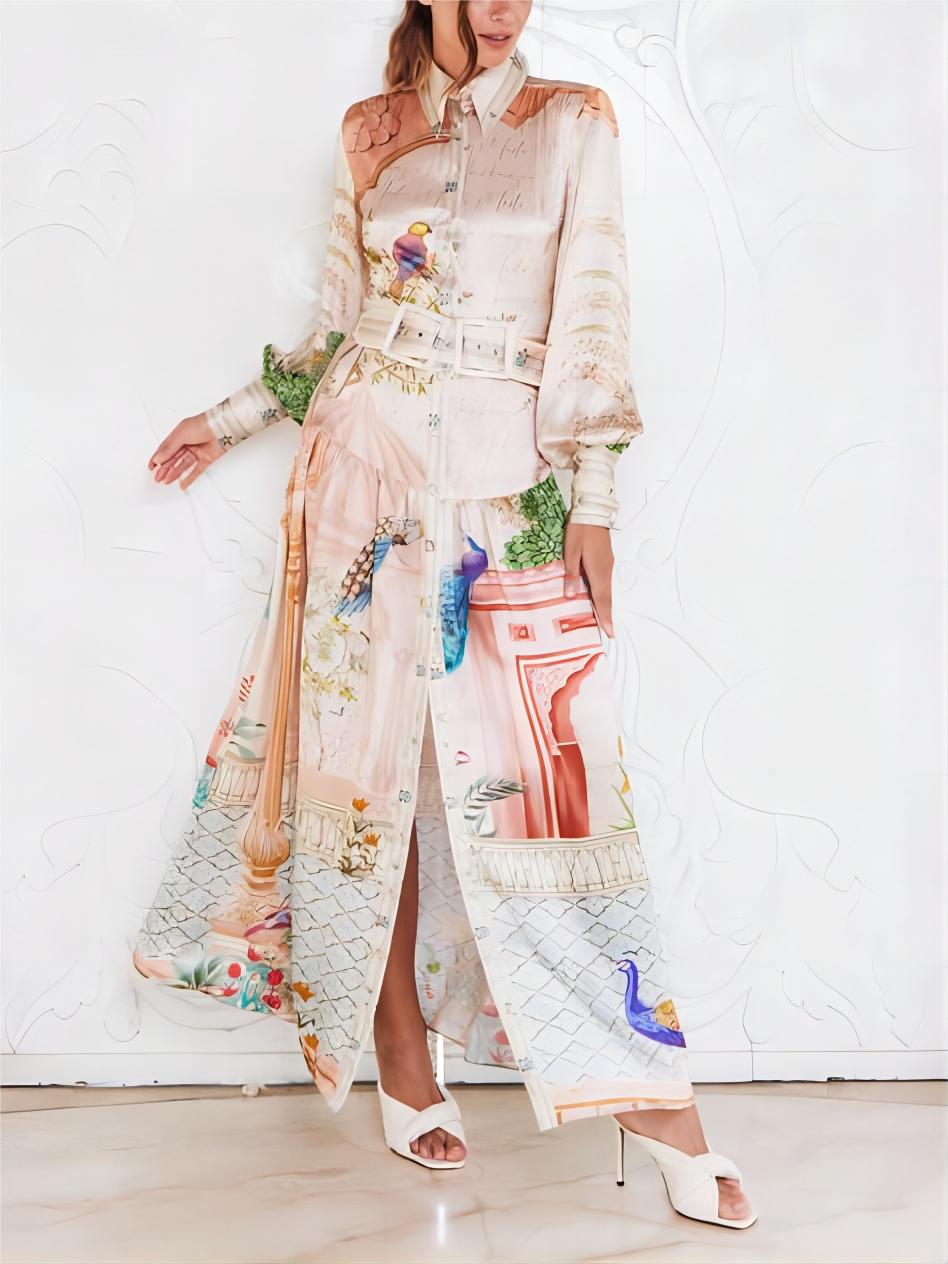 Prachtige midi-jurk in paleisstijl met satijnen print en lantaarnmouwen