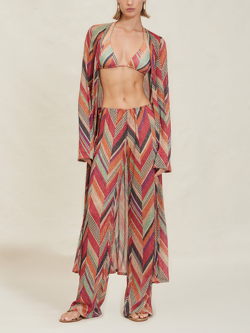 Beach Resort Geometric Print Bell Sleeve Cardigan Midi Dress