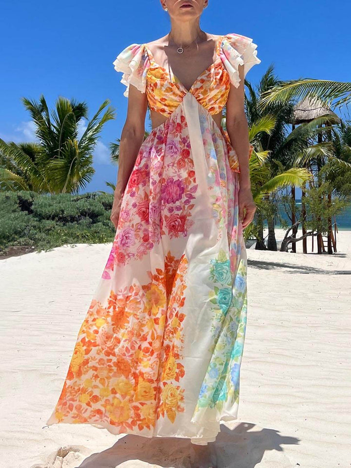 Floral Frill Cutout Back Tie-Up Maxi Φόρεμα