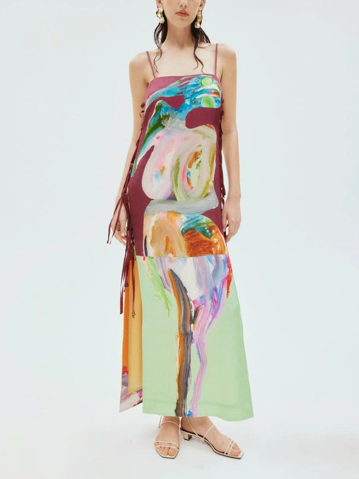 절묘한 아트 그래피티 사이드 레이스업 미디 드레스