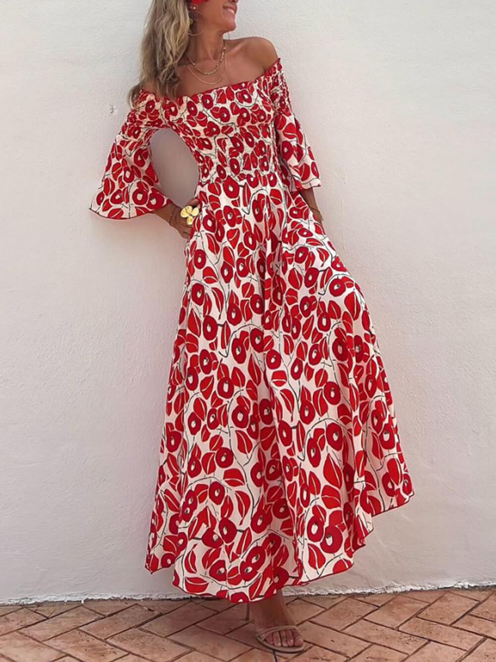 플로럴 프린트 스모크 오프 숄더 포켓 맥시 드레스