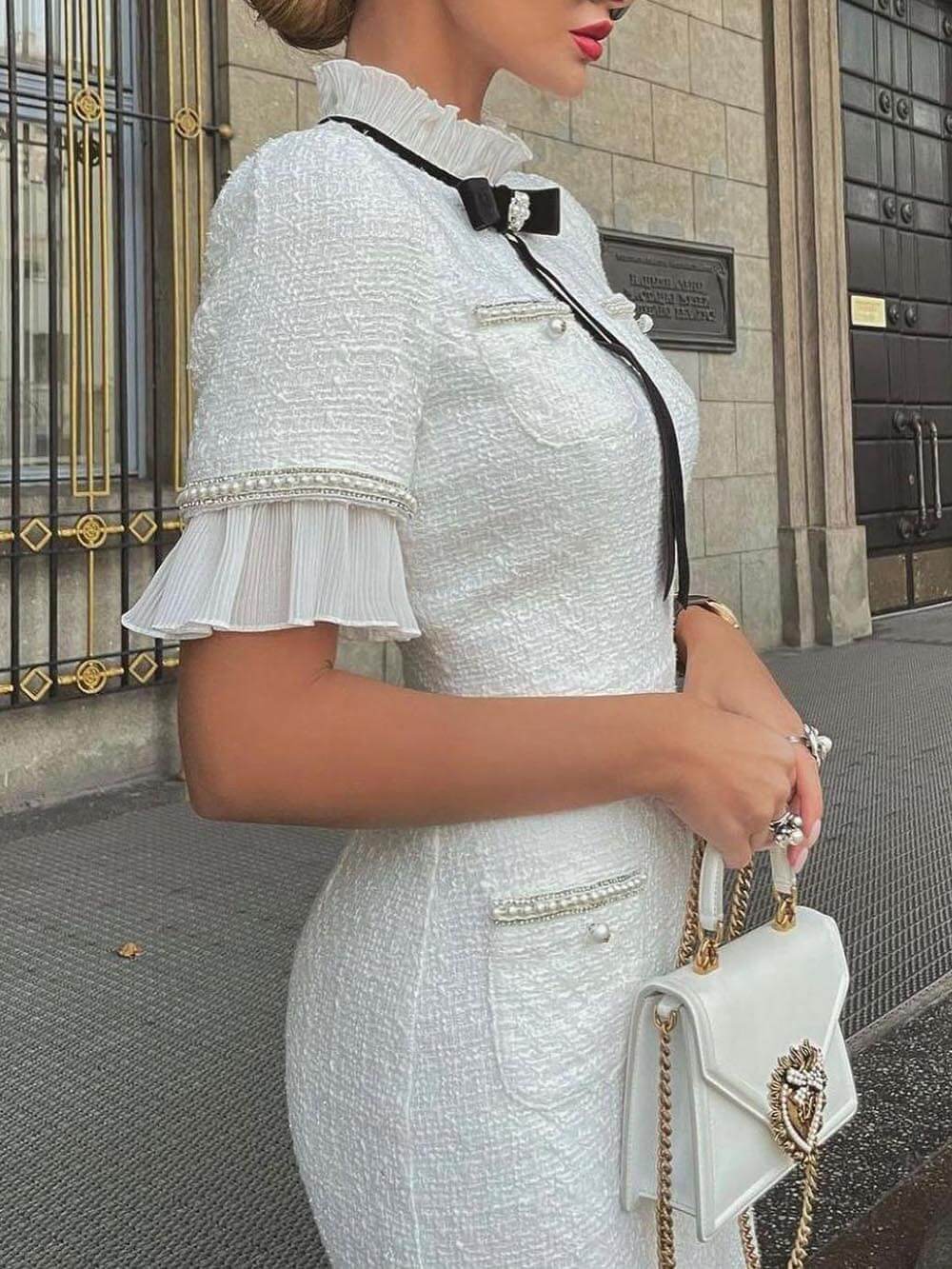 Rochie midi formală cu design cu fundă cu finisaj perlat din tweed