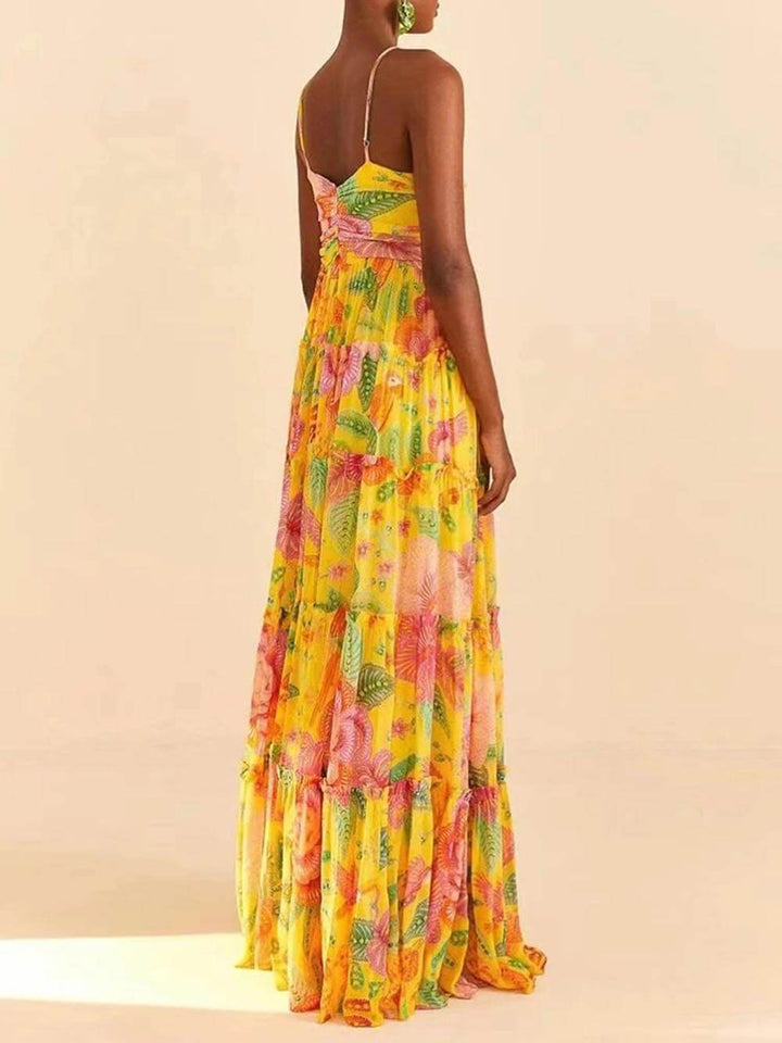 Přímé maxi šaty s květinovým vzorem na krku s potiskem na zádech