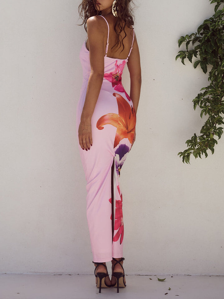 Unik midi-kjole med stropp med fiolett blomstertrykk
