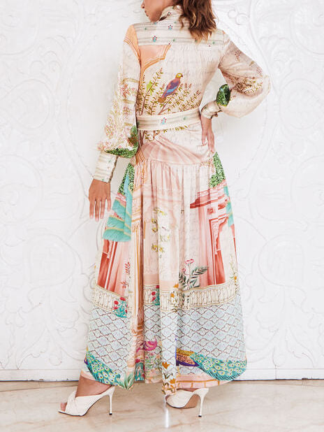 절묘한 새틴 프린트 궁전 스타일 랜턴 슬리브 미디 드레스
