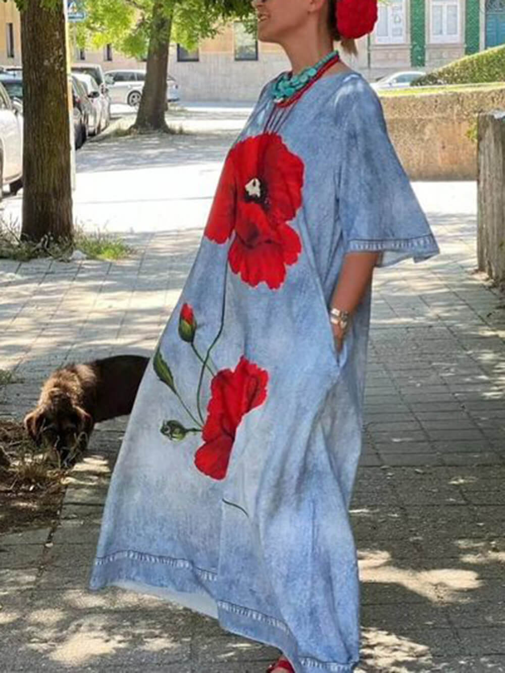 Losse maxi-jurk met imitatiedenimprint en klokmouwen en zak