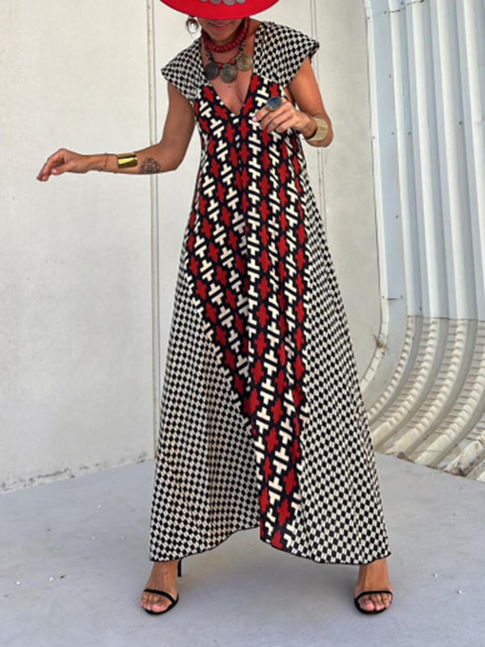 Ethnic Unique Print Ruffle Sleeve A-line Maxi Dress