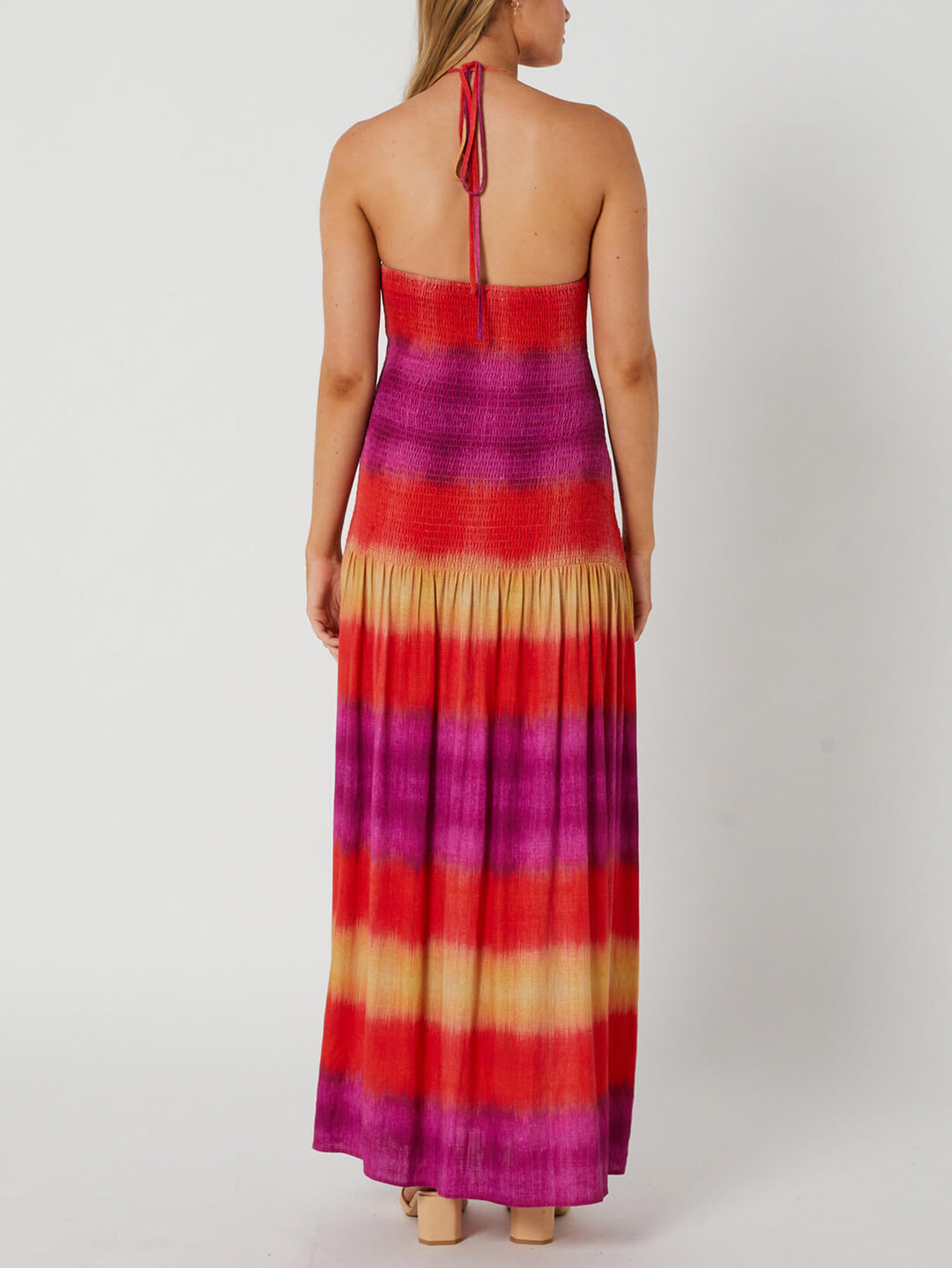 Halterneck Floral Rainbow Ombre Pleated Maxi Dress