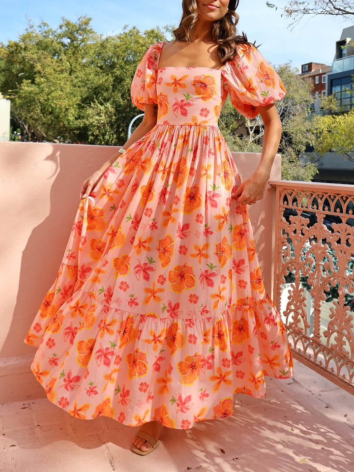 플로럴 프린트 퍼프 슬리브 백 스목 포켓 맥시 드레스