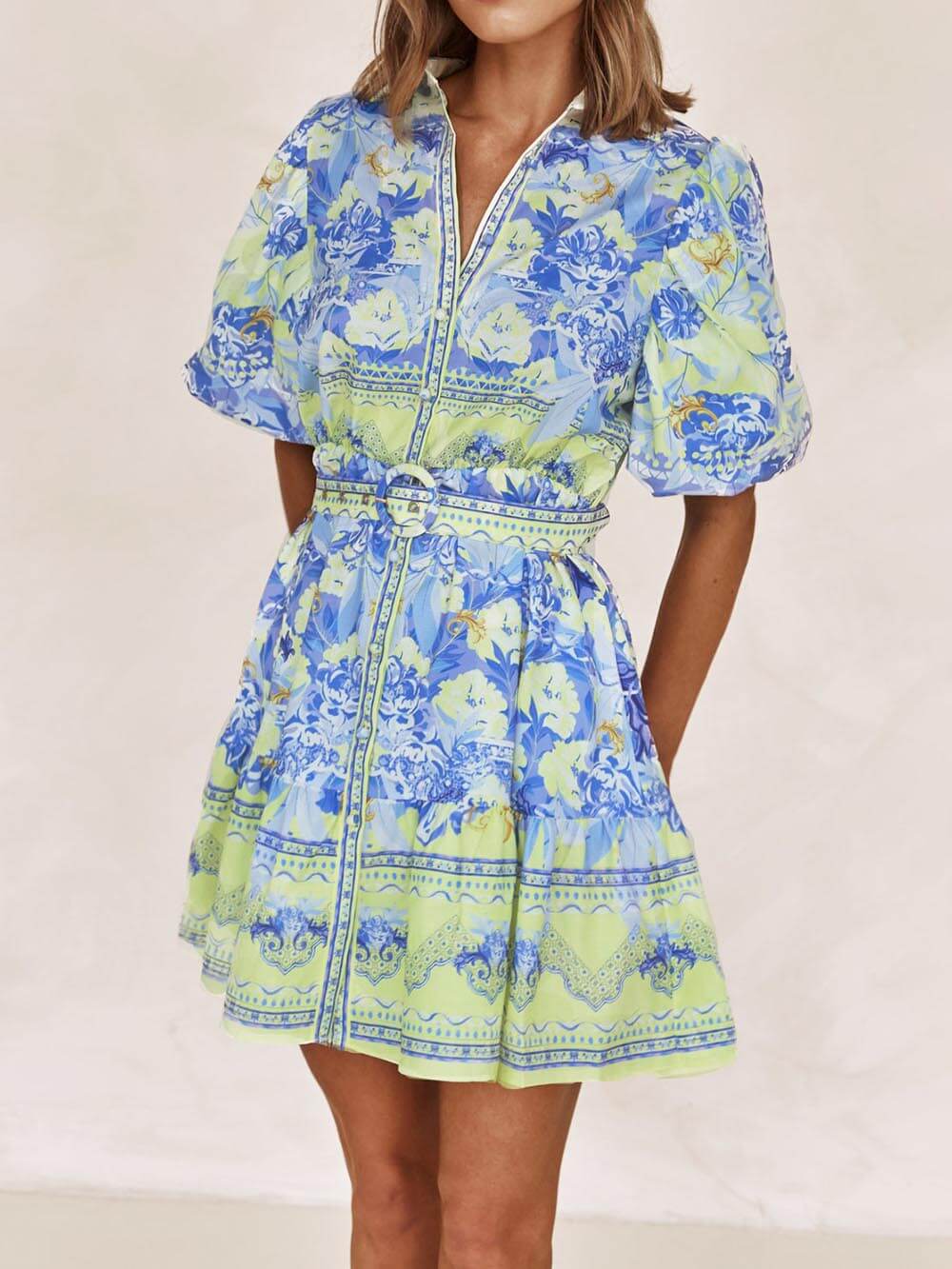 Blue And Yellow Floral Print Mini Dress