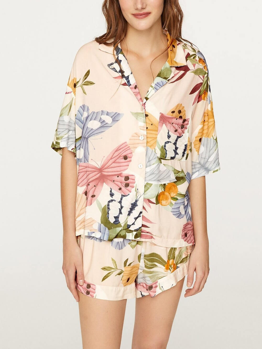 Camisa de manga curta com estampa floral de primavera para férias