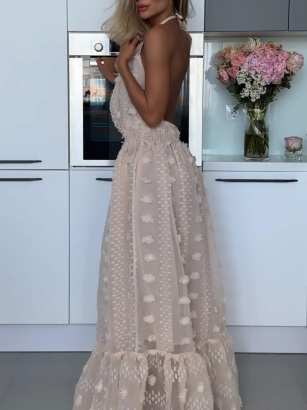 Ohlávkové Maxi šaty s elastickým pasem s květinovým dekorem