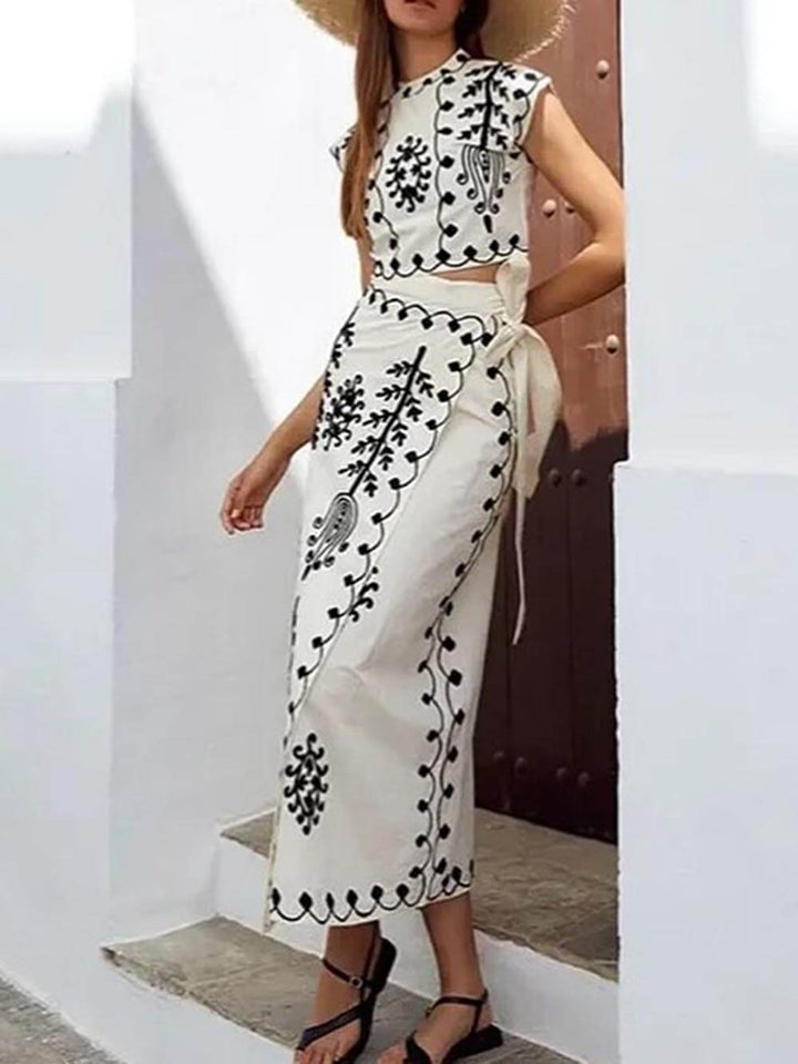 Ethnic Print Crop Top & Tire-up Wrap Midi Skirt Set