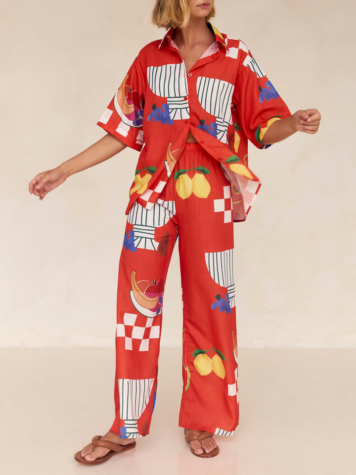 Costume de pantalon à jambes larges de chemise ample de vacances à imprimé de fruits unique