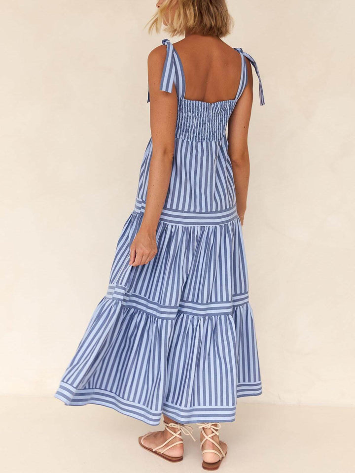 Lace-Up Striped Square-Neck Midi Dress