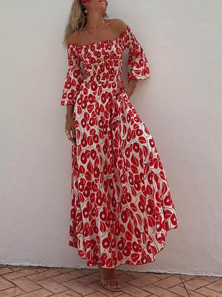 플로럴 프린트 스모크 오프 숄더 포켓 맥시 드레스