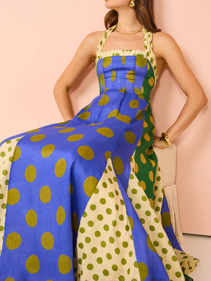 Ethnic Feature Polka Dots Halter Midi Dress