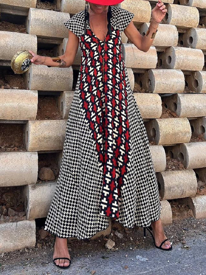 Ethnic Unique Print Ruffle Sleeve A-line Maxi Dress