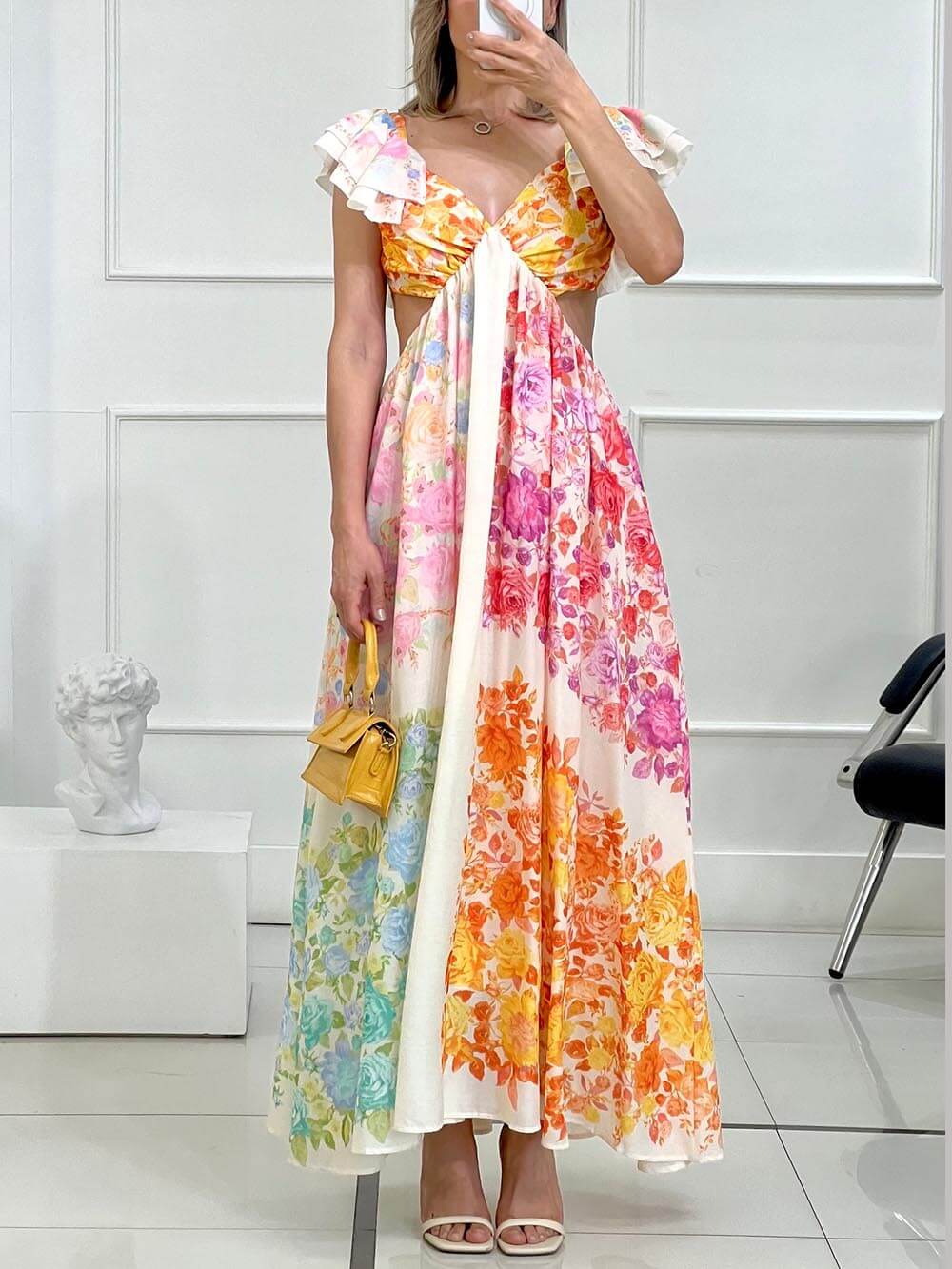 Floral Frill Cutout Back Tie-Up Maxi Dress