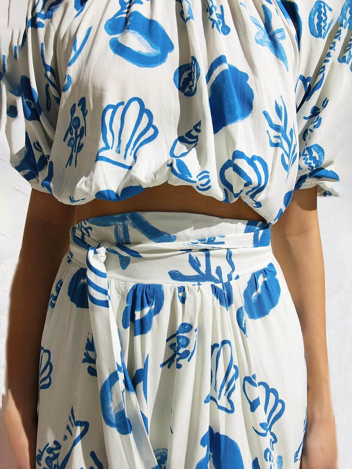 Blue Print Two Piece Top And Maxi Skirt Set