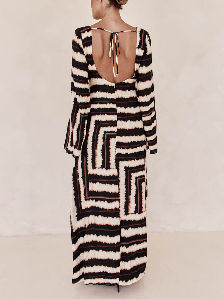 Bohemian Style Unique Printed V Tie Ring Maxi Dress