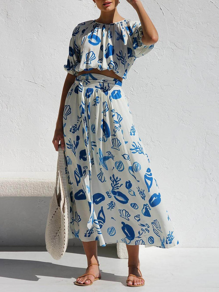 Blue Print Two Piece Top And Maxi Skirt Set