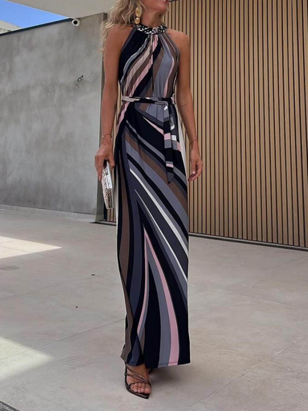 Casual Loose Halterneck Striped Gradient Print Maxi Dress