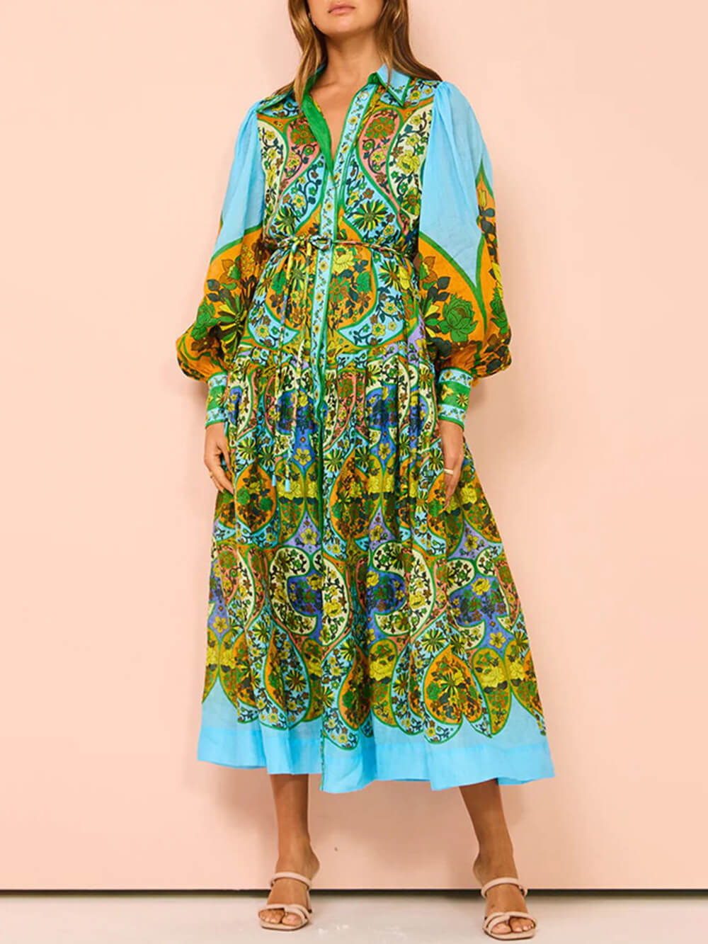Ethnic Print Cardigan Lace-Up Lapel Long-Sleeved Dress