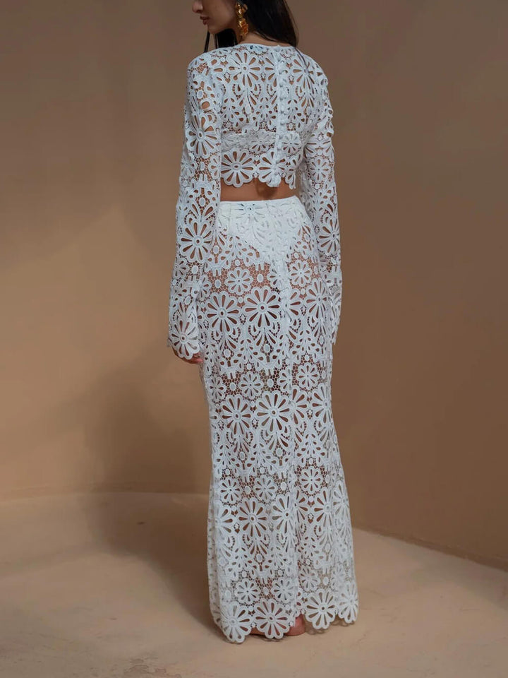 Elegant Slim Cutout Lace Top + Half-body Skirt Two Piece Set